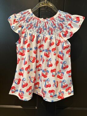 Girls White Cherry-Print Smocked Flutter-Sleeve Dress w/ bloomers